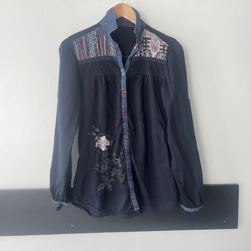 Desingual Button Up Shirt. Boho Navy Embroidered Top. Size Small.